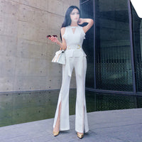 Aookdress summer dress new style socialite style commuting temperament women's pants suit sleeveless base shirt split eyelet wide leg pants