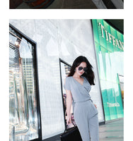 AOOKDRESS summer dress new professional pants set sexy V collar thin temperament chiffon shirt straight tube slim long pants