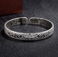 Vintage Carved Lotus 925 Silver Cuff Bracelets Bangles Tibetan Buddhist Scriptures Language Female Jewelry 2Y1000