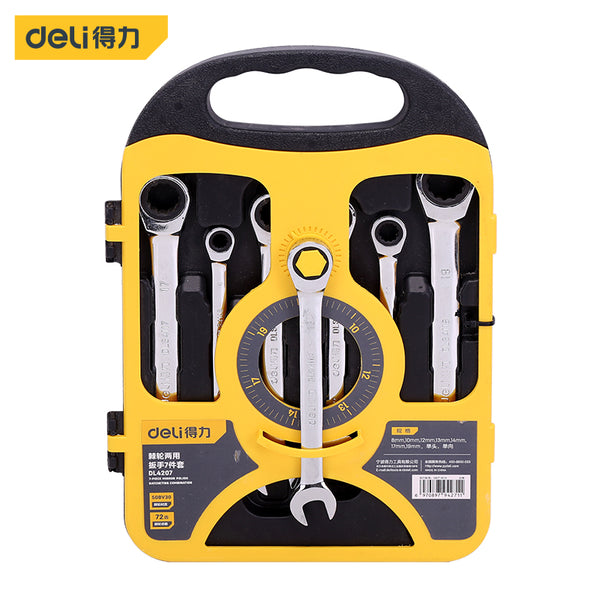 deli Ratchet Wrench Combination 8-19MM Full Polished CRV72 Gear Dual-purpose Ratchet Wrench Multi-purpose Wrench Repair Tool