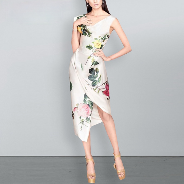 AOOKDRESS irregular swing collar split length floral dress French high waist foreign style 2021 summer