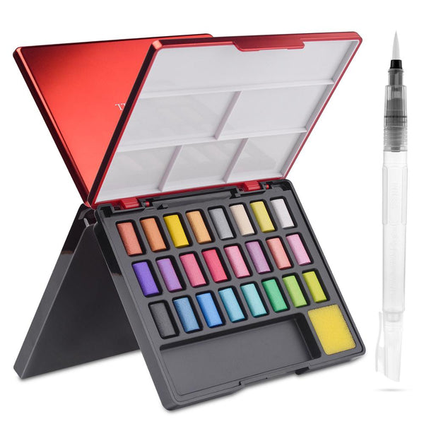 FABER CASTELL 24 Color Professional Glitter Pearlescent Shiny Metallic Solid Watercolor Paint Set Box With A Water Brush Pen